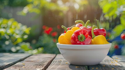 Poster - fresh pepper in a bowl in a white bowl on a wooden table. Selective focus