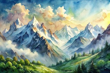 Wall Mural - Light watercolor painting of majestic high mountains , watercolor, painting, mountains, high, majestic, scenery, landscape