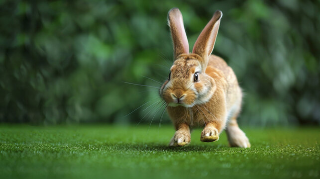 A playful rabbit with long ears, hopping on a smooth, grassy green background.