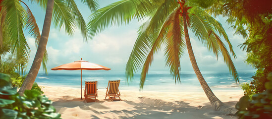 Wall Mural - chairs under parasol in sand beach of beautiful tropical view with white sand, turquoise ocean and b