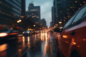 The car is driving through the night city in the rain. 