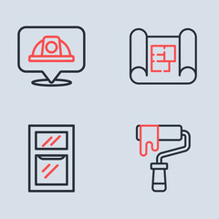 Poster - Set line House plan, Hammer and wrench spanner, Paint roller brush and Worker safety helmet icon. Vector