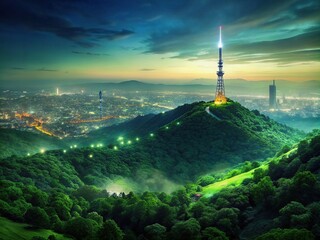 Wall Mural - Aerial view of a lush green hill with a communication tower overlooking a cityscape, showcasing the contrast between urban and natural landscapes, aerial view, lush green, hill