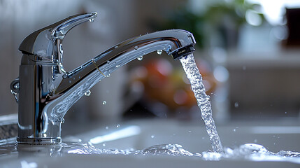 Chrome water tap pouring fresh water in a white sink