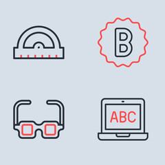 Set line Exam paper with incorrect answers, Glasses, Laptop and Protractor grid icon. Vector