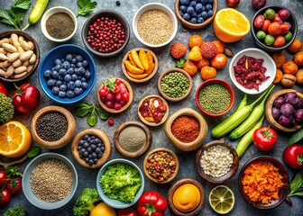 Wall Mural - Colorful array of fresh fruits, vegetables, nuts, and seeds in various bowls on a surface, healthy, organic, vibrant, food, assortment, nutrition, variety, natural, diet, freshness