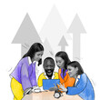 © master1305 - Collaborative brainstorming. Young people, colleagues looking on tablet with interest and excitement. Arrows going up, success. Contemporary art collage. Concept of business, teamwork, office. Design