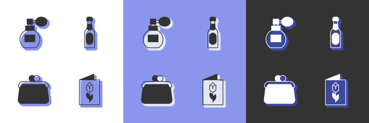 Wall Mural - Set Greeting card with 8 March, Perfume, Handbag and Champagne bottle icon. Vector