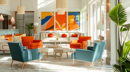 Wall Mural - A bright and airy room interior illuminated by natural sunlight, featuring comfortable seating arrangements and vibrant pops of color, creating an inviting space for relaxation.