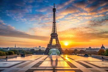 Wall Mural - Eiffel Tower seen from Trocadero at sunrise in Paris, France, Eiffel Tower, landmark, Trocadero, sunrise, Paris, France, architecture, cityscape, iconic, famous, tourism, travel