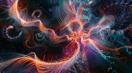 Poster - A mesmerizing digital painting of electroluminescent wires intertwining and forming intricate patterns, reminiscent of a celestial tapestry.