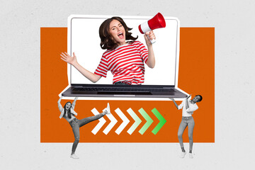 Poster - Trend artwork composite sketch photo collage of laptop device monitor confident woman appear display speak loudspeaker two lady hold hand