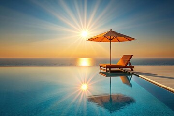 Minimalist of sun rays illuminating a swimming pool with a sun lounger and umbrella in a tropical landscape with orange and sea. Perfect for flyers or posters, Sun, rays, swimming pool