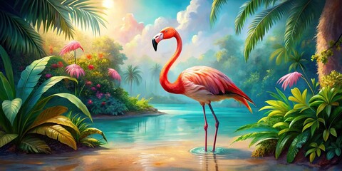 Vibrant painting of a flamingo standing in a tropical setting, flamingo, painting, artwork, colorful, vibrant, tropical, bird, feathers, wildlife, nature, serene, beauty, water