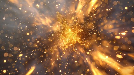 Poster - gold explosion amidst a swirling vortex of glowing particles, creating a mesmerizing spectacle against a clean gray background.