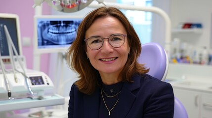 Happy mature woman in glasses smiling while seated in dental chair at the dentist clinic