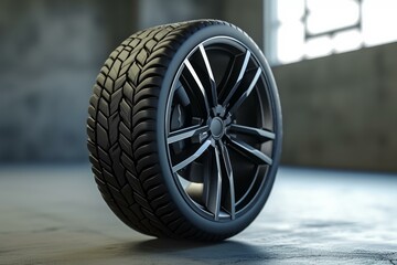 Wall Mural - Highquality image of a new car tire with a stylish rim in a warehouse setting