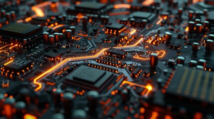 Poster - A microscopic view of digital pulses and signals coursing through the veins of a motherboard, revealing the intricate flow of information.