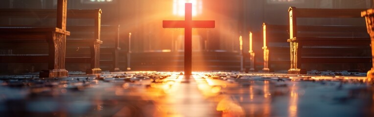 Wooden Cross in Church with Benches - Christian Faith and Spirituality Concept for Church Services, Catholicism and Religious Religion