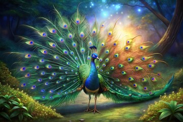 Wall Mural - Beautiful peacock displaying vibrant feathers in a natural setting, peacock, bird, wildlife, colorful, elegant, majestic, nature, feathers, plumage, exotic, vibrant, regal