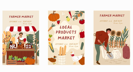 Set of local products farmer market and harvest festival posters vector flat illustration. Set of announcement for seasonal agricultural fair isolated. Promo template with place for text.