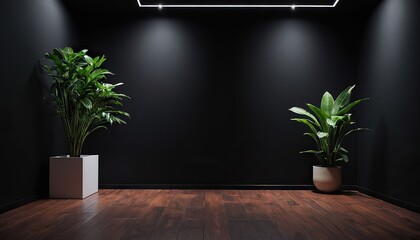 A Black room with plants and a wall of plants and a light on mockup