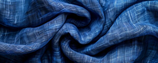 Poster - Top view of blue linen fabric with detailed texture and wavy folds, set against a dark background