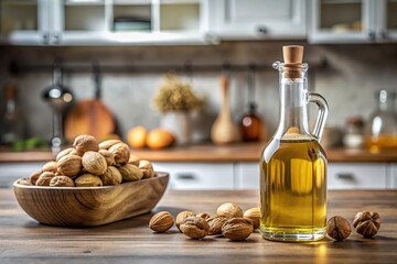 Walnut oil bottle next to walnuts in a modern kitchen setting, kitchen, food, ingredient, organic, healthy, cooking, cuisine, natural, culinary, gourmet, nut, nutrition, wooden table, home