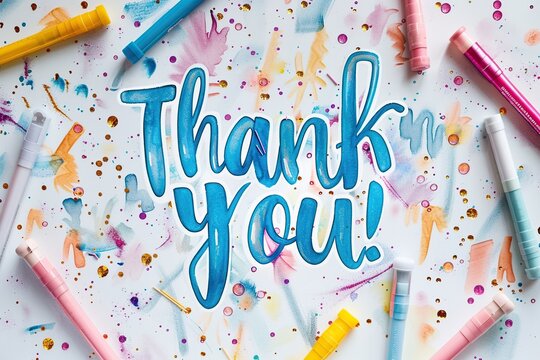 Thank you! written in marker on white paper, surrounded in the style of colorful markers and glitter, vibrant background.
