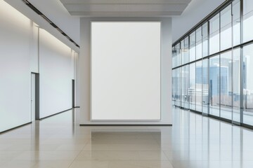 Poster - There are two meeting rooms in an office lobby with a long white wall