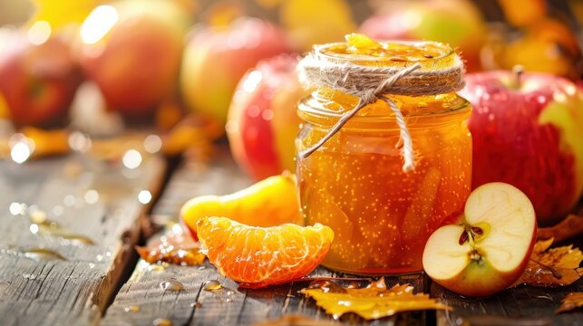 A glass jar of apple and orange jam