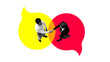 © master1305 - Two men, business people shaking hands against colorful speech bubbles. Communication and partnership. Contemporary art collage. Concept of business, teamwork, office life, motivation, success. Design