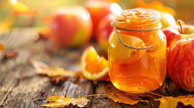 A glass jar of apple and orange jam