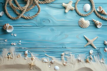 Wall Mural - On top of a blue wooden background is a beach scene concept featuring sea shells and starfish