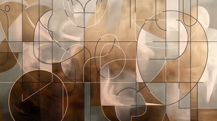 Canvas Print - Abstract geometric art featuring overlapping shapes and lines in brown, beige, and gray hues