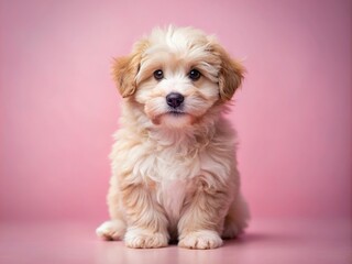 Wall Mural - Adorable fluffy puppy sitting on a soft pink pastel background, puppy, cute, dog, pet, adorable, pink, pastel, background, fluffy, small, animal, portrait, domestic, sweet, young, canine, fur