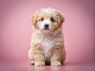 Wall Mural - Adorable fluffy puppy sitting on a soft pink pastel background, puppy, cute, dog, pet, adorable, pink, pastel, background, fluffy, small, animal, portrait, domestic, sweet, young, canine, fur