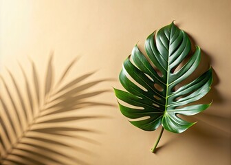 Wall Mural - Green tropical leaf shadows casting on pastel beige background , nature, tropical, shadow, foliage, botanical, minimal, light, tranquil, serene, calm, peaceful, abstract, texture, plant