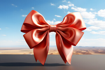 Fashionable hair bow light red, gold color pattern floating sky blurred background. Design in beautiful made out of satin fabric. Great hair accessory for girls and women.