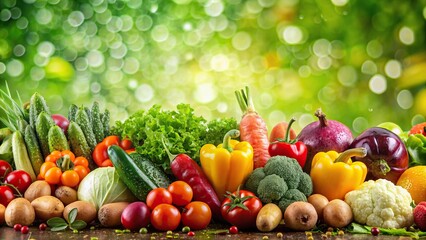 Wall Mural - Fresh, colorful vegetarian border of wet vegetables and fruits against a green bokeh background, healthy, vitamin, nutrition, fresh, vegetables, fruits, border, wet, colorful, vegetarian
