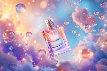 Wall Mural - Ethereal Perfume Bottle Floating in a Dreamy Abstract Background with Glowing Orbs
