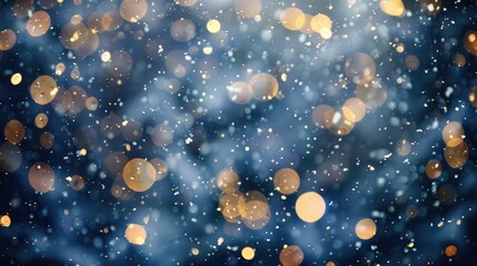 Poster - Snowstorm Texture with Bokeh Lights on Dark Background Photo of Snowflakes Floating in the Air