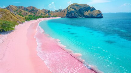 Blue ocean and pink tropical beaches. Komodo islands in the background
