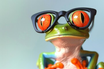 Sticker - Closeup of a quirky frog with large, reflective sunglasses posing against a soft background