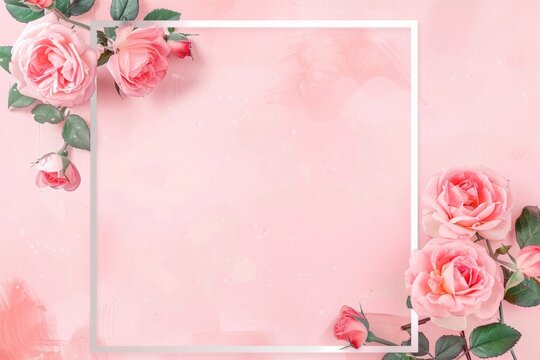 Beautiful flowers composition. Blank frame for text, pink rose flowers on pastel pink background. Valentine's Day, Easter, Birthday, Happy Women's Day, Mother's Day. Flat lay, top view, copy space,