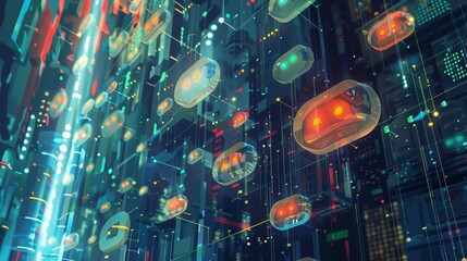 Futuristic digital network with glowing data nodes, representing advanced technology and cyber connectivity in a modern abstract illustration.