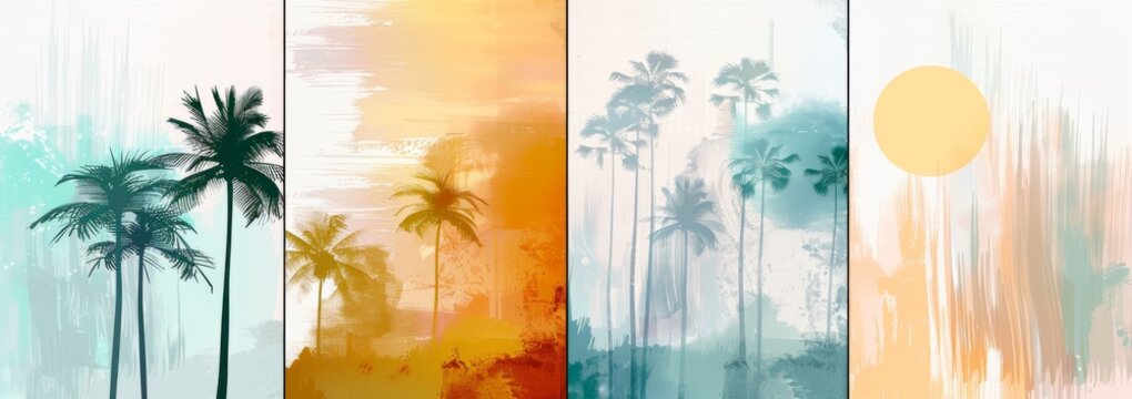 Detailed summertime background illustration with palm trees, summer sun, and brushstrokes for your graphic design projects. Sunny Days. Modern illustration.