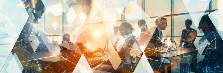 Poster - Business network structure. Data exchange and analysis, customer connections, HR recruitment, global outsourcing, sales, strategy, technology, and social media.