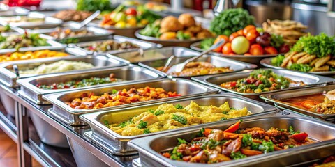 Close-up of various buffet dishes in a restaurant setting, buffet, dishes, food, restaurant, close-up, table, variety, culinary, delicious, gourmet, selection, fresh, presentation, serving