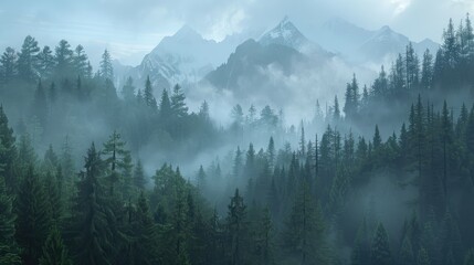 Wall Mural - Misty forest ambiance enveloped in the woods Hazy mountain scene featuring a fir forest